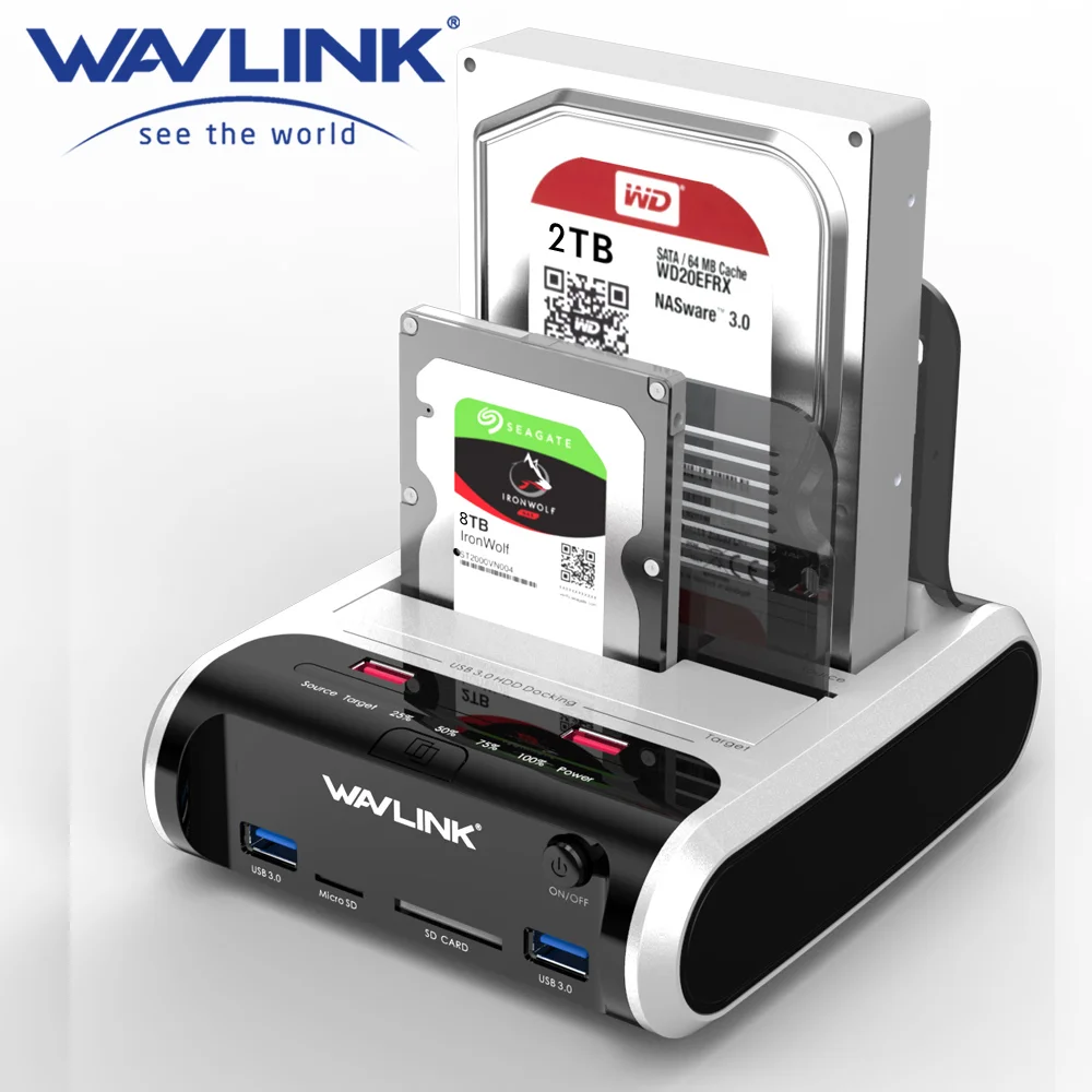 Wavlink USB 3.0 External Hard Drive Case 2.5” 3.5” SSD HDD Fast Offline Clone SATA Dual Bay Docking Station SD Card Reader