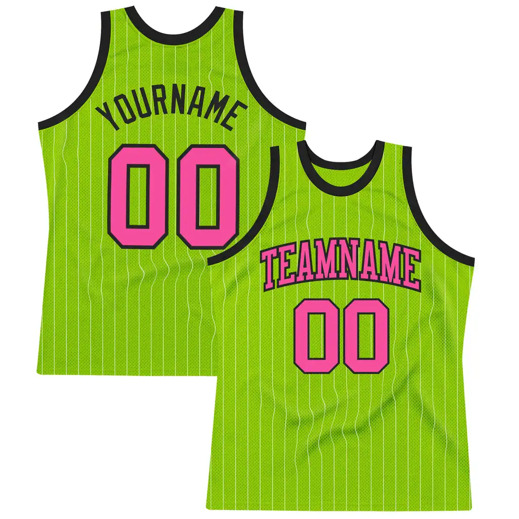 

Custom Neon Green White Pinstripe Pink-Black Authentic Personalized Basketball Shirts