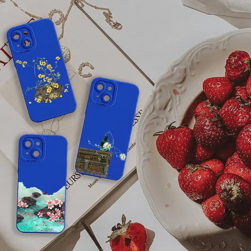 

Chinese Style Ancient poems Phone Case For iPhone 13 12 11 Pro MAX Mini X XS XR 7 8 Plus Camera Lens Liquid Silicone Klein Blue
