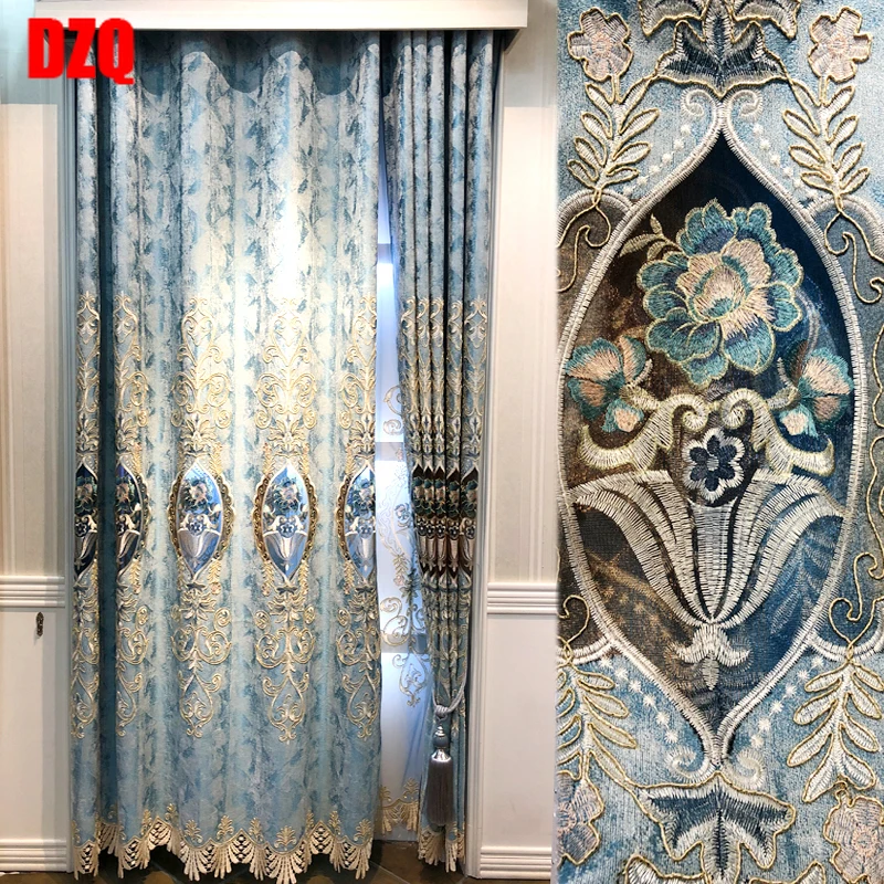 

High-end Blue Embroidered Thickened Blackout Curtains for Living Room Bedroom Balcony Bay Window Custom Finished Screens