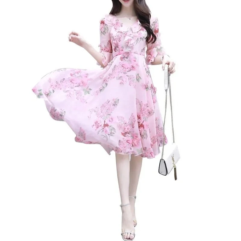 

Adding Fertilizer And Increasing Chiffon Skirt 2023 Summer New Fat Mother Covering Belly And Reducing Age Loose Slim Dress