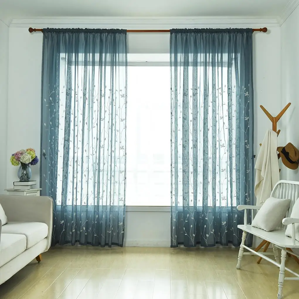 

Translucent Gauze Willow Leaf Blind Embroidered Voile Curtain Tulle Window Drapery Sheer Drapes Bedroom