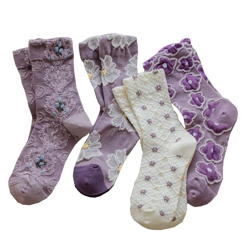 

2 Pair Comfortable Soft Cotton Socks Women Purple Style Print Long Socks Cute Japanese Girl Fashion Winter Socks Calcetas Mujer