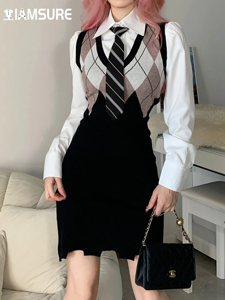 

IAMSURE Preppy Style Argyle Plaid Knitted Vest Bodycon Dress Sexy Slim V-Neck Sleeveless Mini Dresses For Women Autumn Winter
