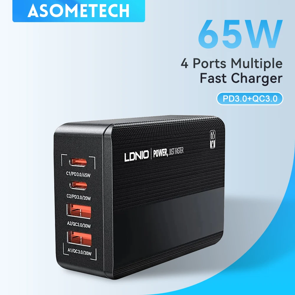 Зарядная Станция ASOMETECH с 4 USB-портами и ЖК-дисплеем 65 Вт
