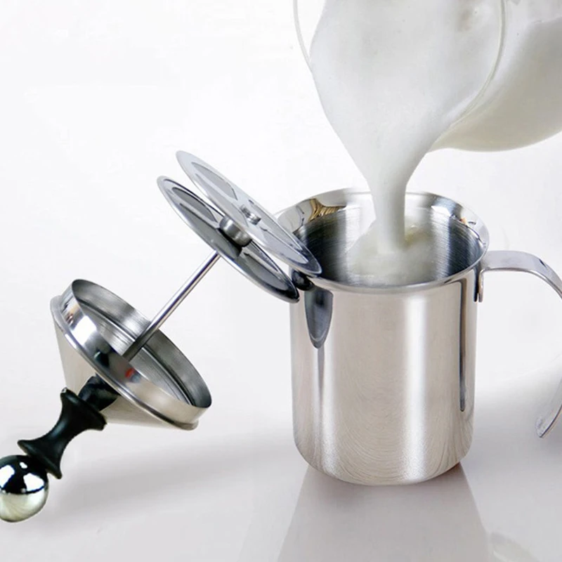 Bomba de Espumador de leche de acero inoxidable, Espumador de leche de 400/800ML, Espumador de café capuchino Latte, espuma delicada de doble malla para herramientas de café