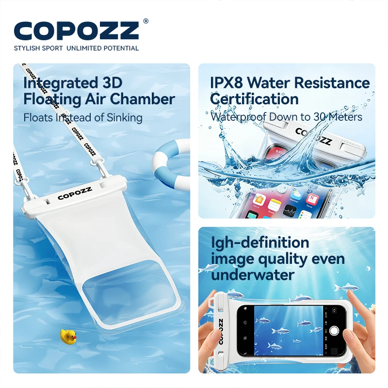 Фото Универсальный водонепроницаемый чехол COPOZZ, водонепроницаемая сумка для телефона IPX8 для плавания, пляжа, каякинга, погружной плавающий чехол для смартфона с диагональю 7,5 дюймов №3