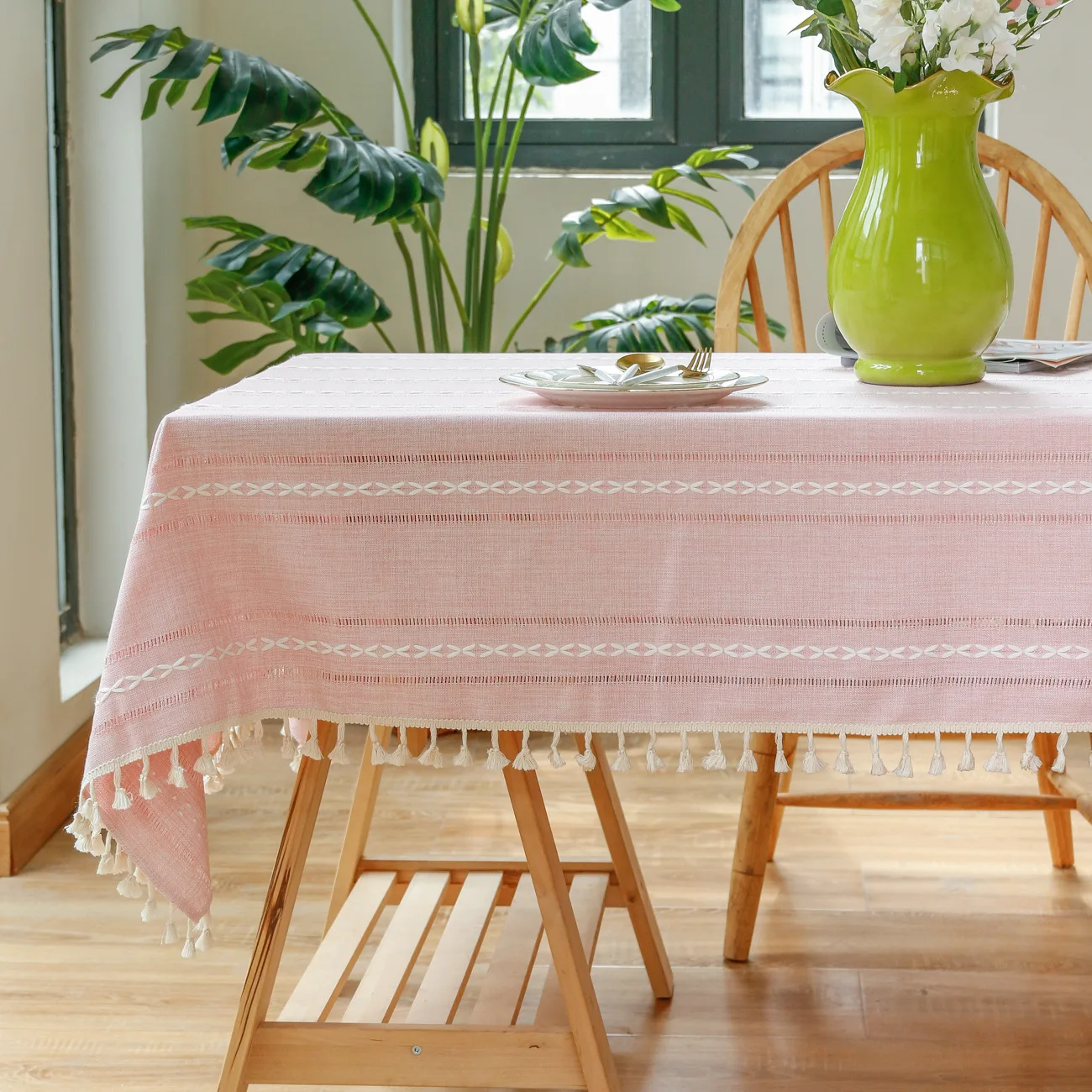 

Tablecloth Solid Stripe Embroidery Cotton Linen Rectangular Dustproof Coffee Table Cloth Cover Towel Home Restaurant Decoration