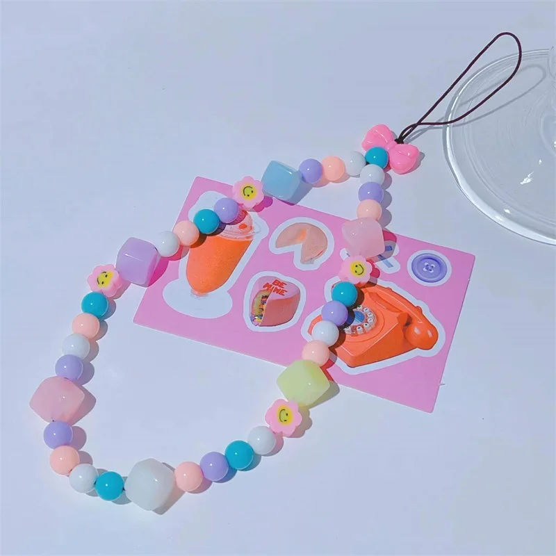 

Exquisite Trendy Square Dice Smiley Pink Bowknot Geometric Acrylic Anti-lost Mobile Phone Chain Colorful Lanyard Gift For Female