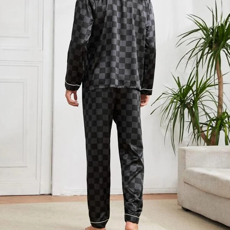 Men Checkered Silk Satin Pajamas Set Home Sleepwear Long Trouser Suit Female Sleep Two Piece Set Couple Loungewear Plus Size