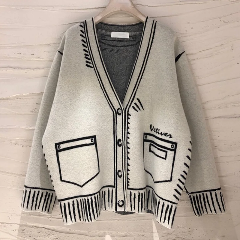 

Casual Loose Sweaters For Women Print V Neck Long Sleeve Plus Size Elegant Cardigans Female Fashion Clothing Style