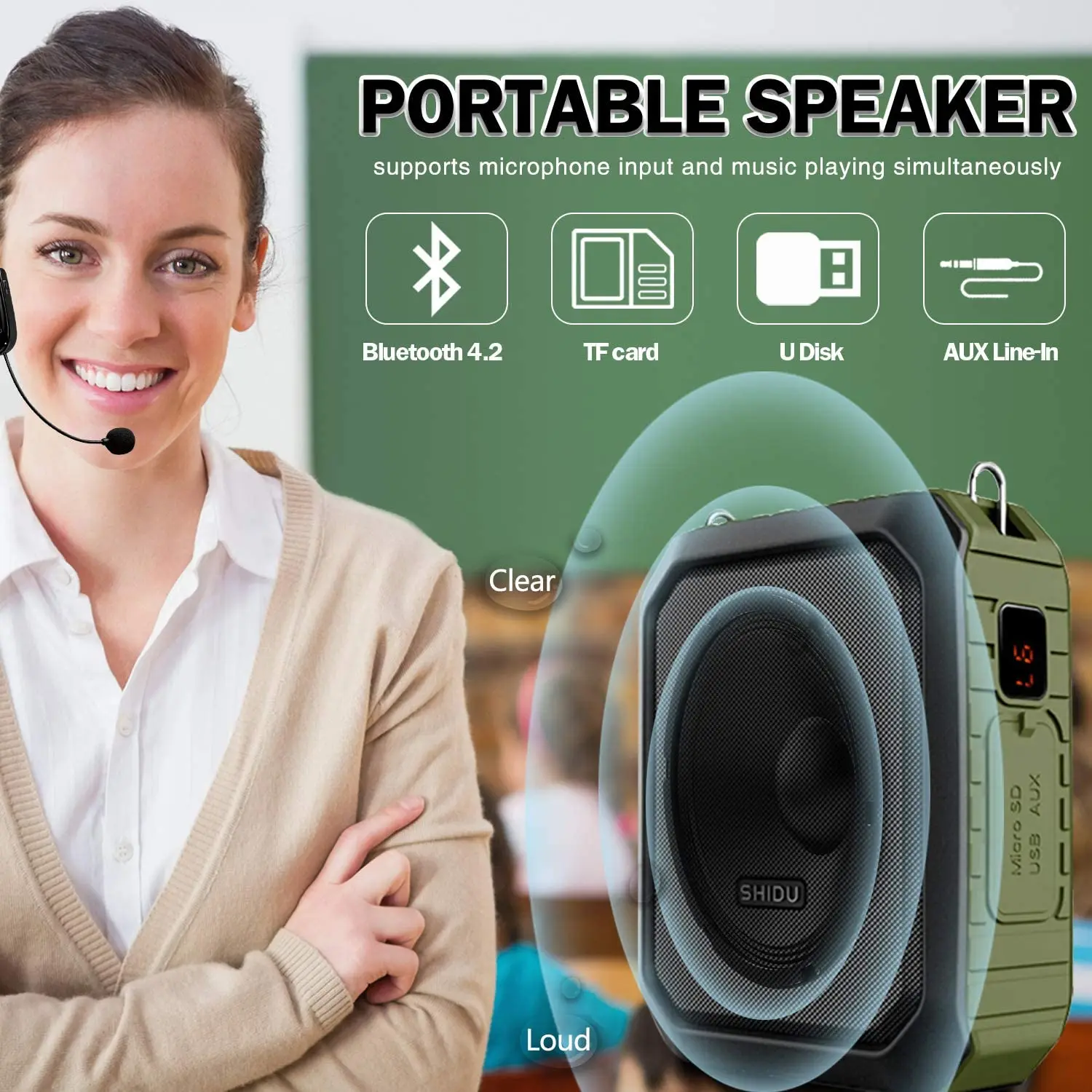 Фото Портативный беспроводной Bluetooth-усилитель голоса SHIDU 18W с защитой от воды для учителей, с UHF-микрофоном, функцией записи и AUX-входом, модель M800 №4