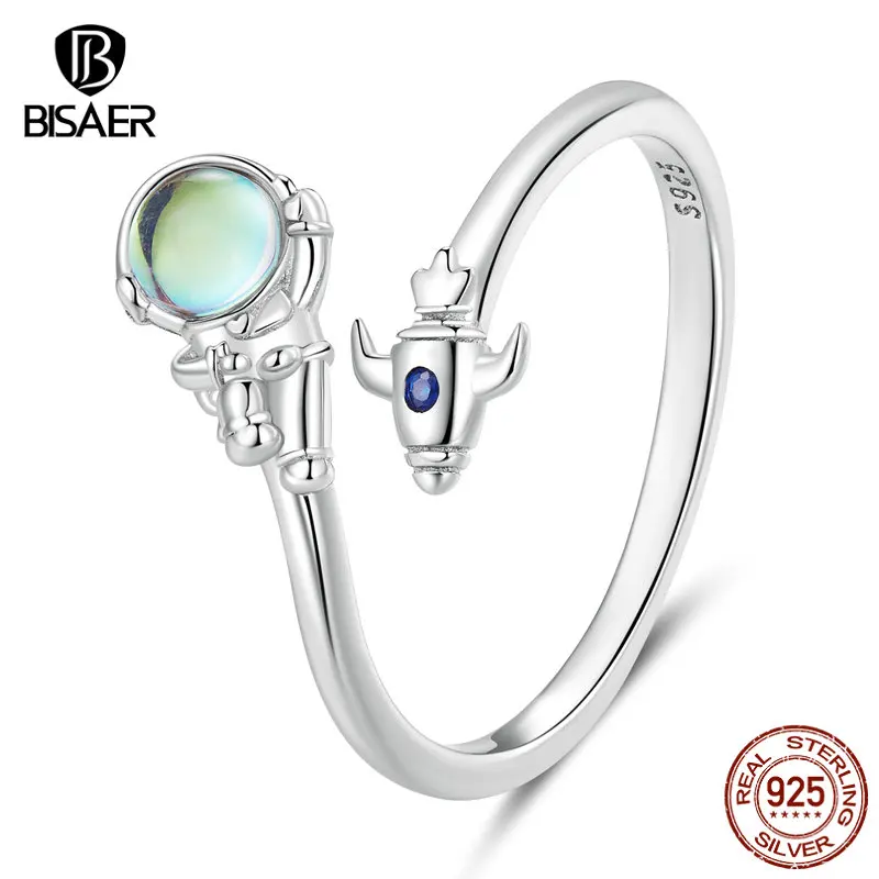 

BISAER 100% 925 Sterling Silver Spaceman & Spacecraft Adjustable Rings 6-9 Plated Platinum for Women Original Fine Jewelry Gift
