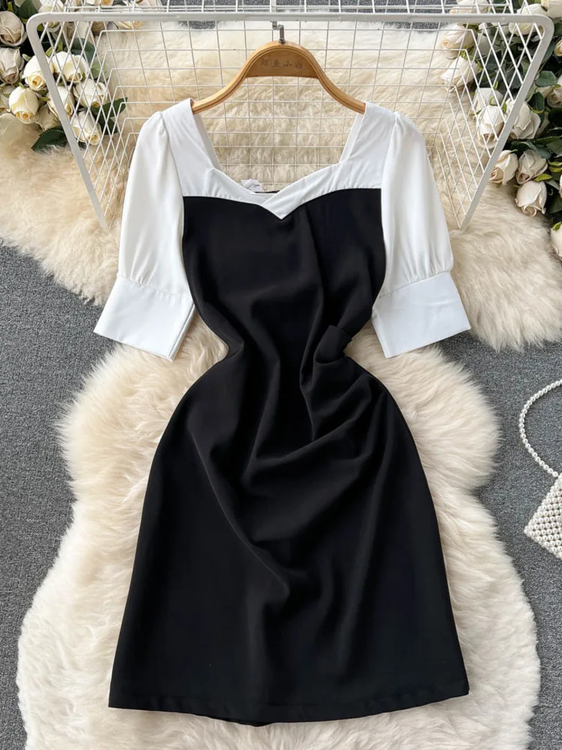 

Elegant Lady Patchwork Mini Dress Summer Fashion V-neck Short Sleeve Slim Women Dress Korean OL Work Office Dress Female Clothes