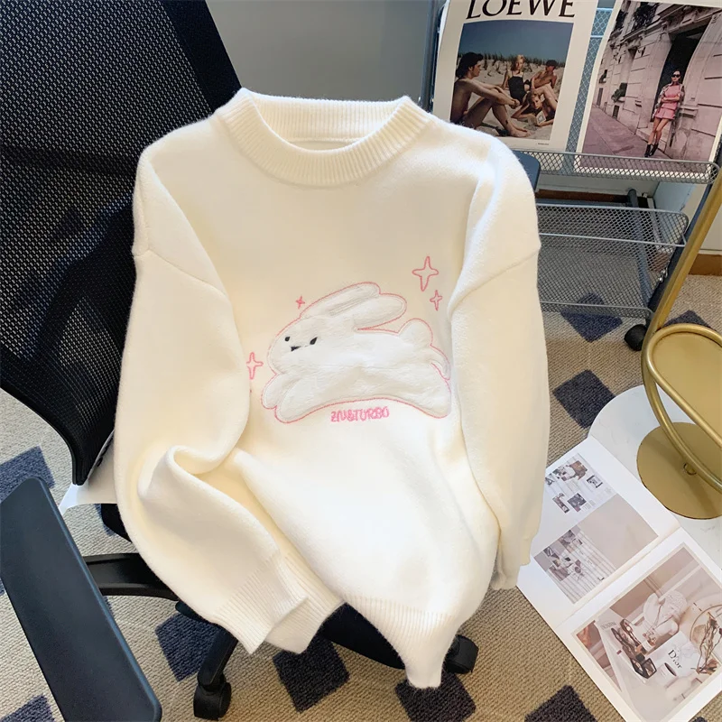 

Autumn Winter Women Harajuku Retro Cartoon Cartoon Rabbit Knitted Sweater Oversize Jumper Thick Knitwear Top Y2K