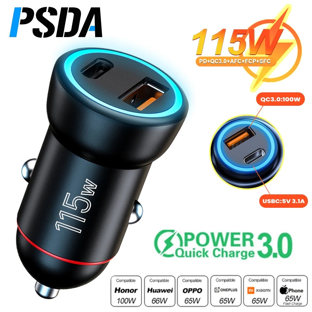 

PSDA 3D Mini 115W Dual Car Charger Super Fast Charging PD QC 3.0 USB Car Charger Type C With LED For iPhone 15 Xiaomi Samsung