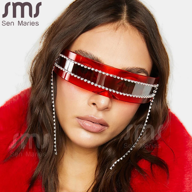 Цельные зеркальные солнцезащитные очки женские прямоугольные стразы с