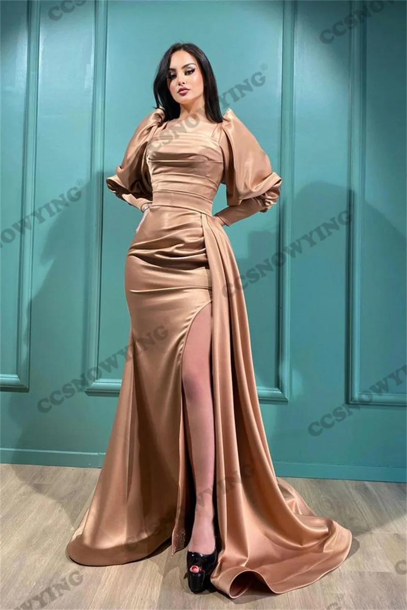 

Женское атласное платье-русалка, вечернее платье цвета шампанского с квадратным вырезом, длинным рукавом и высоким разрезом сбоку, бальное платье для выпускного вечера