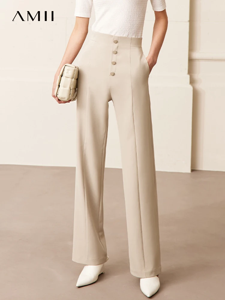

AMII Minimalism Pants Women 2023 Spring New Office Lady Suit Pants Ribbed Straight Leg Pants Black Casual Trousers 12342382