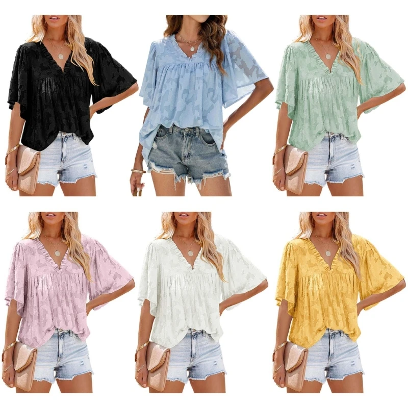 

652F женские шифоновые блузки с оборками и рукавом до локтя, плиссированная Цветочная рубашка с цветочным рисунком, топ