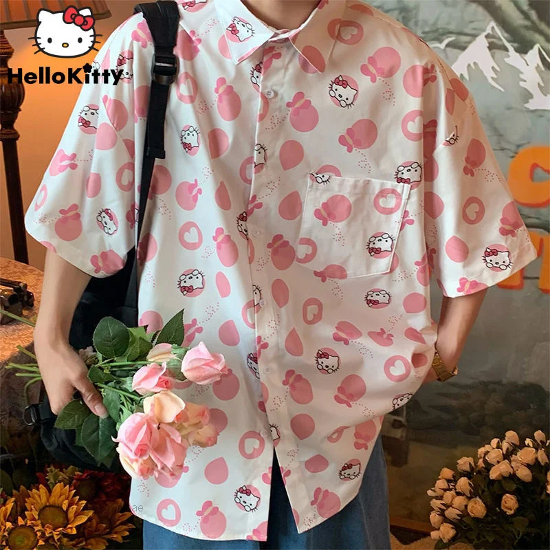 Sanrio New Design Pink Collared Shirt With Short Sleeve Hello Kitty Korean Style Women Top Men Summer Loose Blouse Fashion Tops