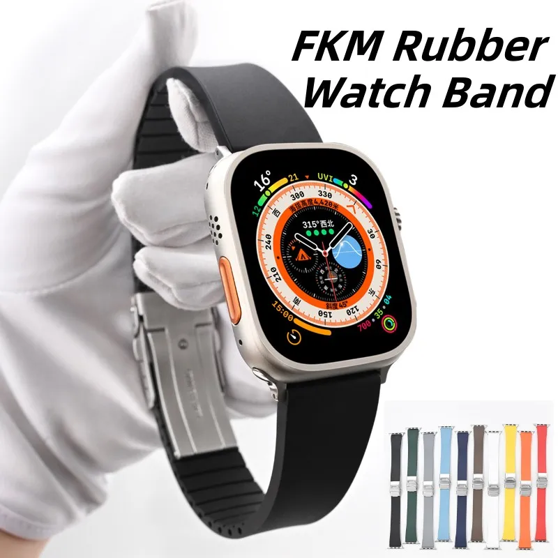 Ремешок FKM резиновый для Apple Watch Band 44 мм 40 45 41 42 браслет correa iwatch series 7 8 se 3 5 6 9 Ultra 2 49