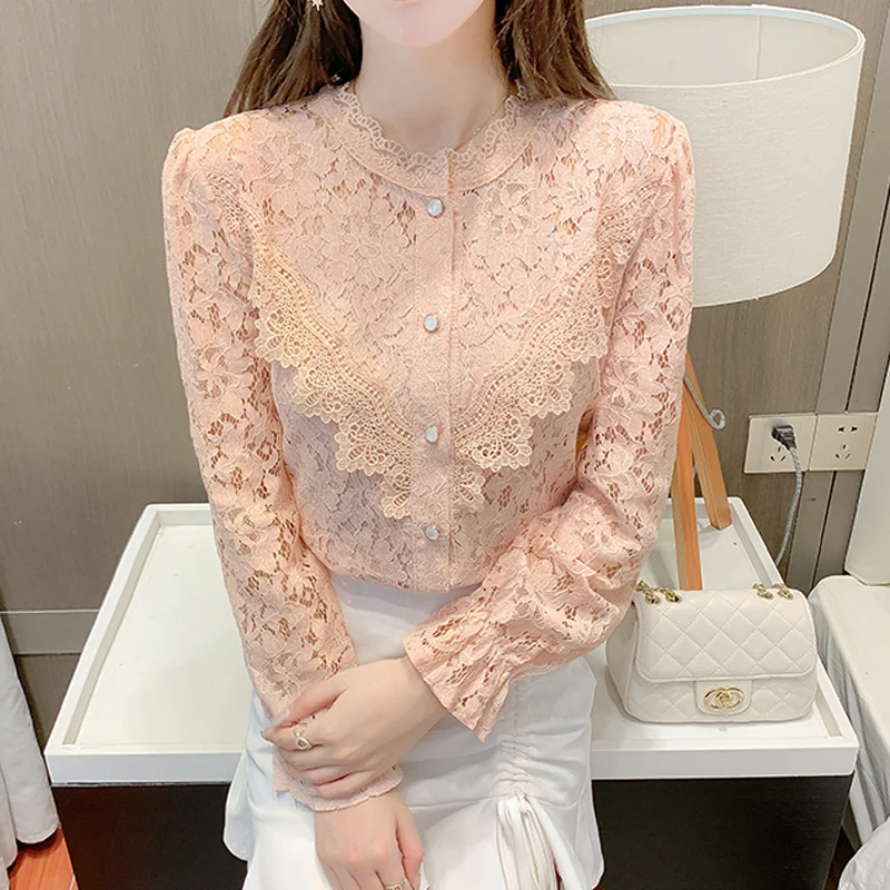 

Модная Новая Элегантная кружевная рубашка, Женская белая блузка с длинным рукавом, женские облегающие ажурные блузки с воротником-стойкой, ...