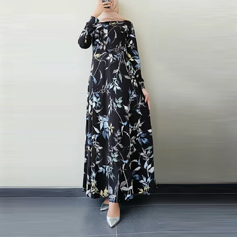 Wepbel Women Muslim Dress Floral Printing Abaya Islamic Clothing Ramadan Loose Long Sleeve Kaftan Abaya Loose Party Dress