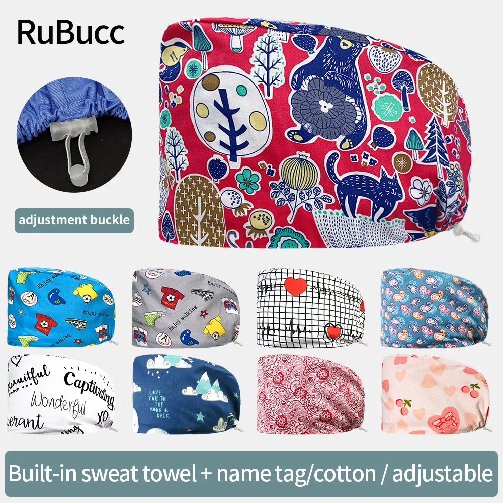 

100%cotton Medical Cap Printed Pet Clinic Work Hat with Sweat-absorbent Adjustable Elastic Buckle Health Service Scrub Women Hat