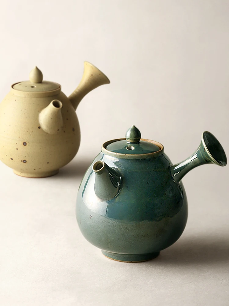 Handmade Ceramic Teapot Kungfu Tea Pottery Drinkware Retro Japan Style Black Green Yellow White Pigmented Solid Color 270ml