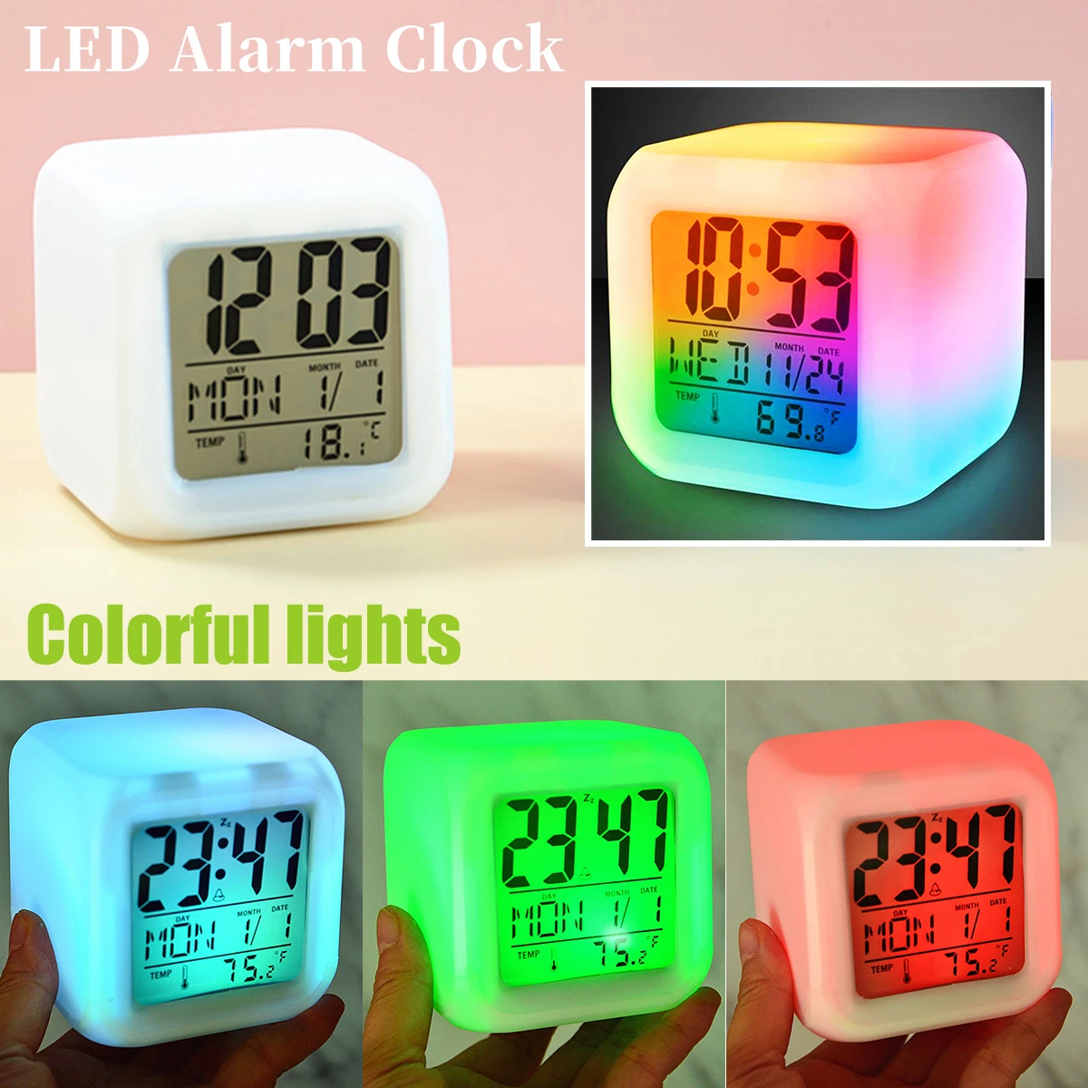 Led Digital Clock 7 Color Changing Light Night Glowing Kids Desk Clock Wake Up Timer Children Gift