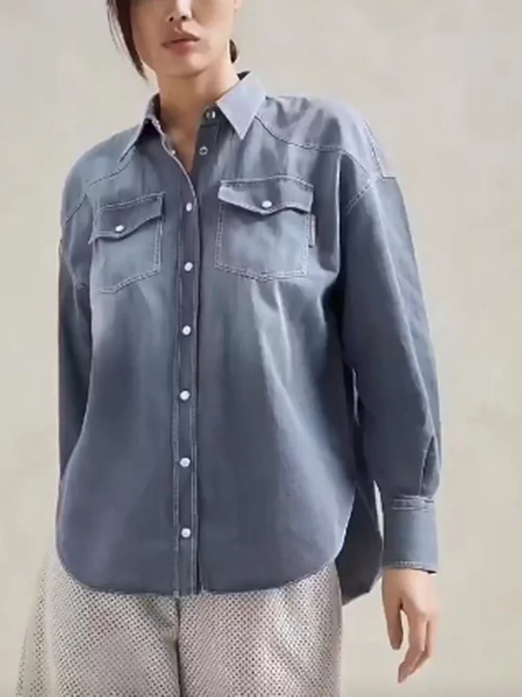 2022 New Women's Gradient Denim Shirt Autumn Ladies Single-Breasted  Turn-Down Collar Long-Sleeved Cotton Blouse Top