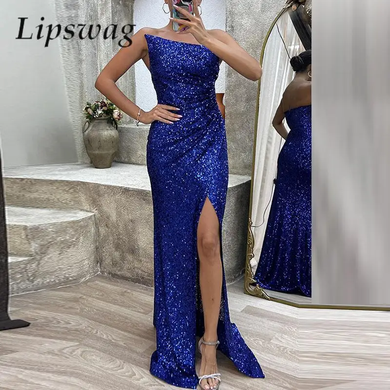 

Sexy Women Shiny Sequin Drape Slit Long Dress High Fashion Maxi Evening Gown Elegant Strapless Off Shoulder Backless Party Dress