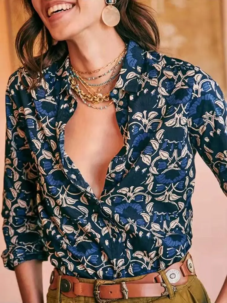 

French Style Silk Cotton Dark Blue Moonflower Print Square Neck Shirt Women