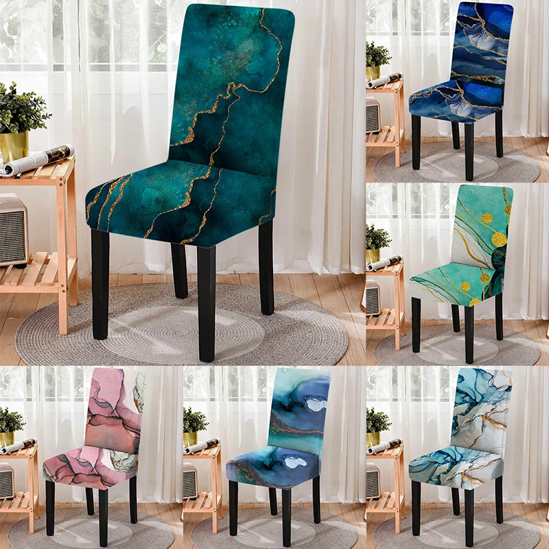 

Gold Marble Print Stretch Chair Cover High Back Dustproof Home Dining Room Decor Chairs Living Room Lounge Chair Office Chair
