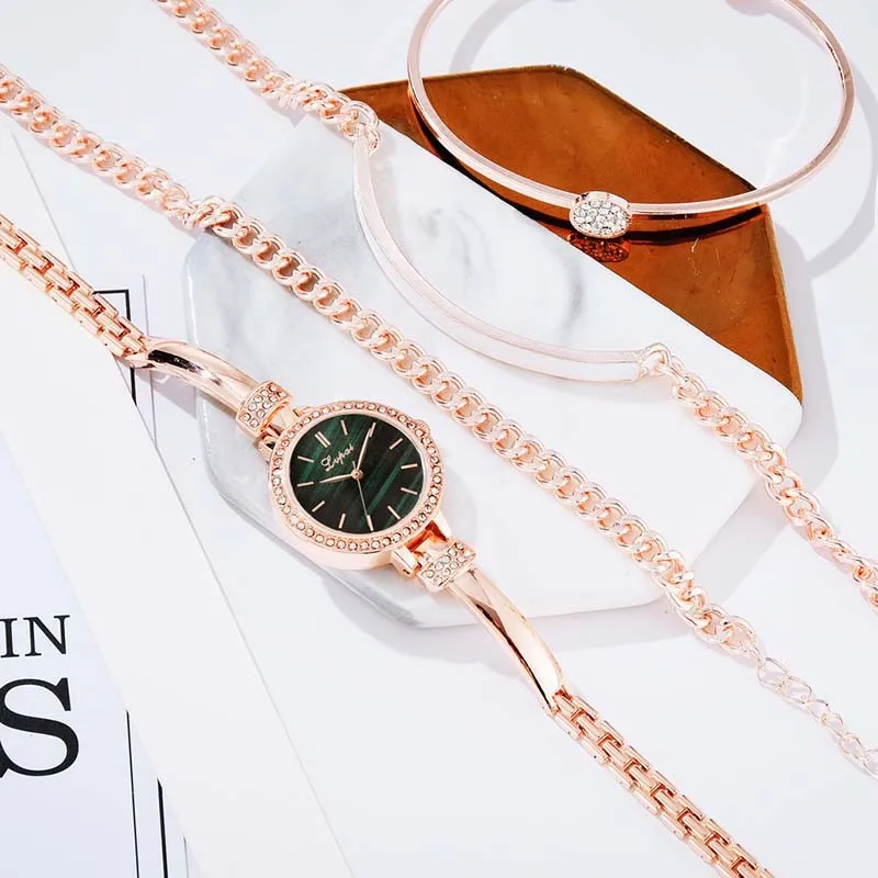 New Korean Edition Trendy Diamond Embedding Fashion Business Four Piece Set Women's Versatile Quartz Watch