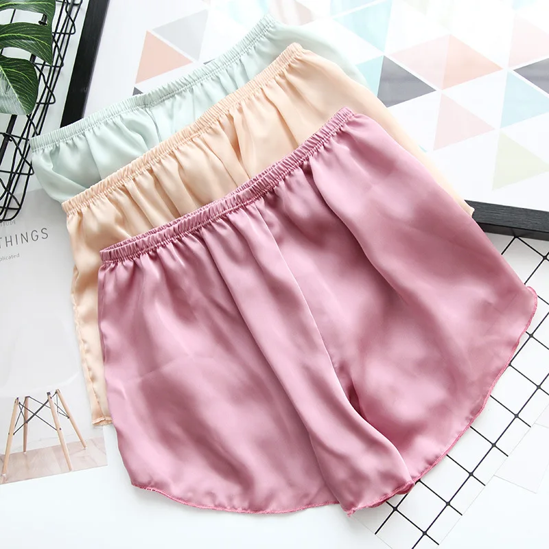 Women Spring Summer Satin Silk Lace Safety Shorts Pants Sweet Loose Elastic Home Sleep Shorts Nightwear Bottom Thin Pajamas