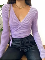 sweaters women knitted long sleeve top autumn winter solid color v neck lace up bottoming shirt fashion sweater womens clothing