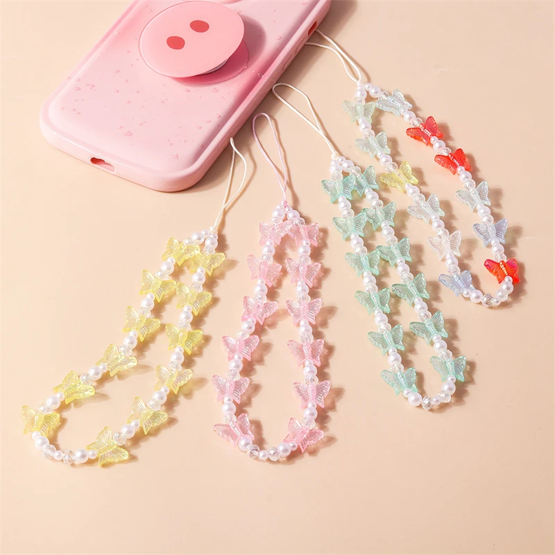 

Fashion Colorful Butterfly Pearl Beads Cellphone Strap Phone Chain Women Girl Phone Keychain Hanging Rope DIY Jewelry Decoration