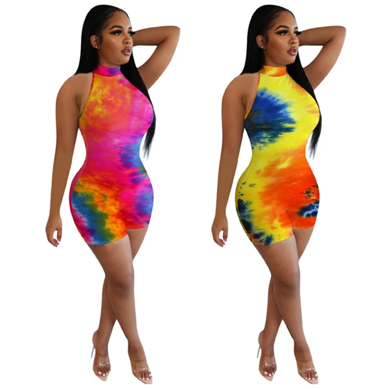 

Women Tie Dye Print Jumpsuit Sleeveless Short Bodycon Romper Sexy Club Party Streetwear Bodysuit