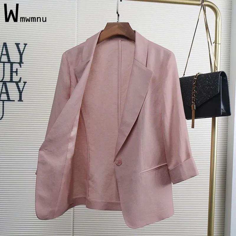 Summer Cotton Linen Office Blazer Jackets Unlined Loose Half Sleeve Suit Coats Woman Casual Workwear Korean Formal Thin Outwear