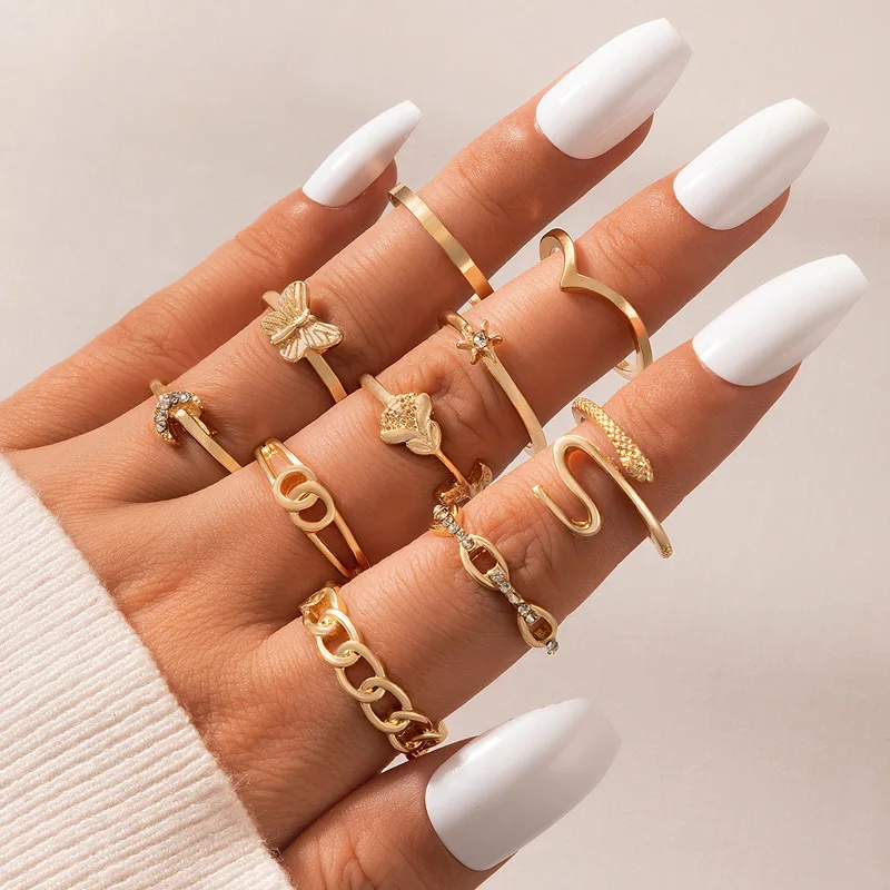 

10 Piece New Chain Rings for Women Creative Retro Inlaid Moon Butterfly Love Snake Rings Women Fashion Jewelry