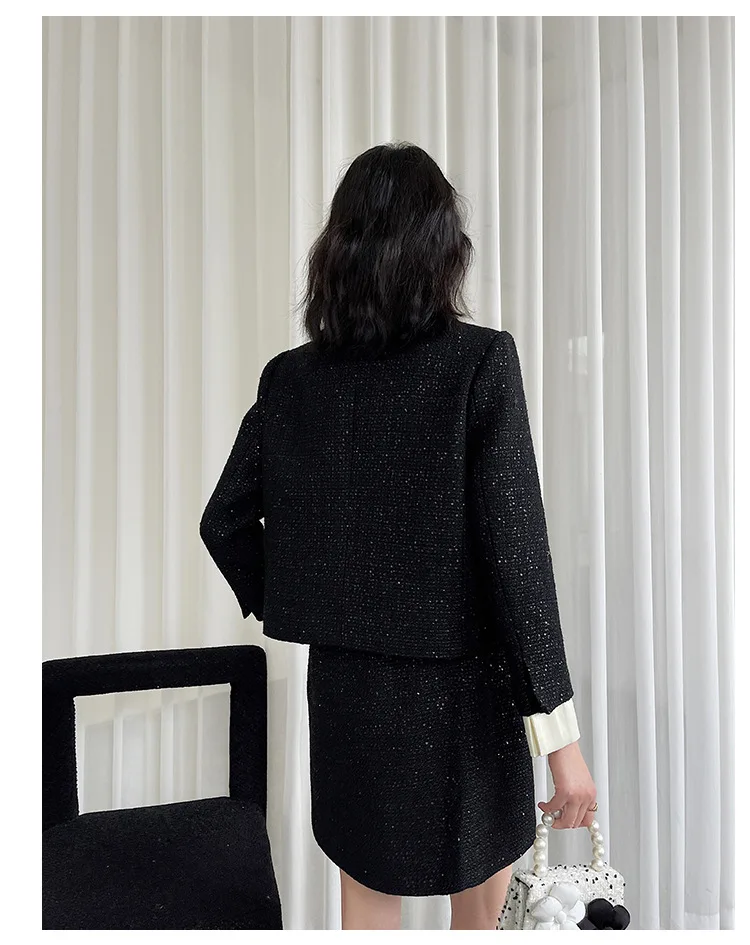 Lingzhi-wu женский твидовый комплект 2024 осенний черный пиджак юбка костюм с блестками