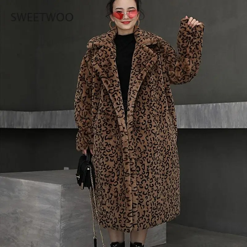2021 Winter Thick Warm Leopard Long Teddy Fur Coat Women Outerwear High Quality Loose Suit Collar Faux Rabbit Fur Jacket Female