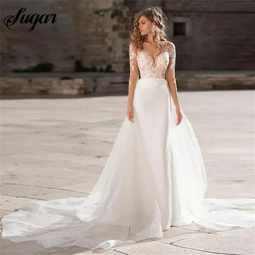 Купи Lace Long Sleeve Mermaid Wedding Dresses With Detachable Train 2023 V-Neck Bridal Gown Open Back Satin And Tulle Custom Made за 4,500 рублей в магазине AliExpress