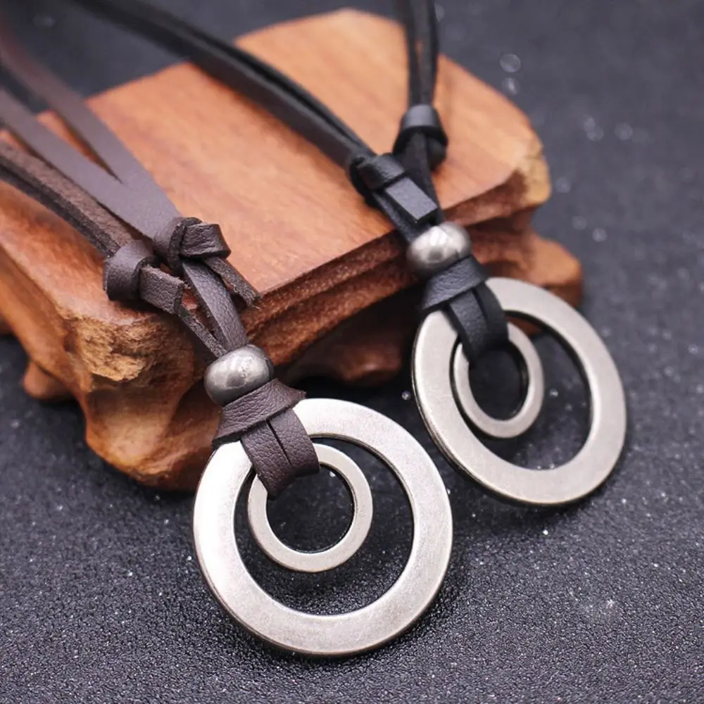 

2pcs New Coffee Black Christmas Gift Vintage Adjustable Leather Cord Pendant Jewelry Double Circle Necklace Men Women