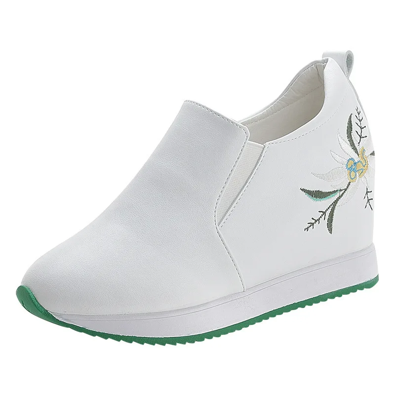 

8cm Genuine Leather Women Casual Shoes Platform Wedges Sneakers Slip on Shoes for Women Spring Autumn Breathable Sneakers