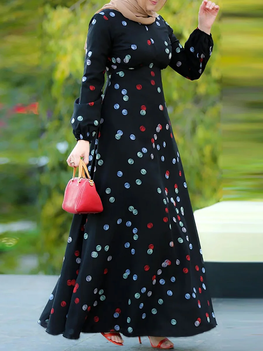 Рамадан мусульманская Мода Abayas женский Дубай турецкий горошек печать кафтан платье марокканский с длинным рукавом элегантный кардиган хал...