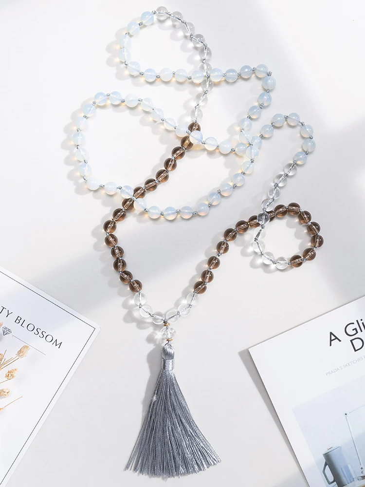 

OAIITE Mala Beads 108 Necklace Prayer Natural Stone Smoky Quartz Clear Quartz Opalite Japamala Meditation Yoga Jewelry for Women