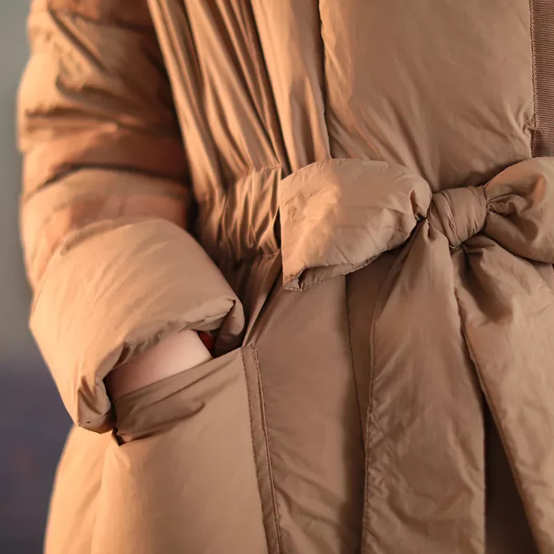 New2022 Winter Women Loose Thick Warm Hooded 90% White Duck Down Long Coat with Belt Vintage Female Snow Down Jacket Outwear